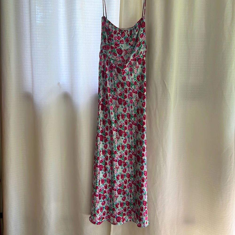 Floral satin dress with corset top and bows on straps. Light for summer